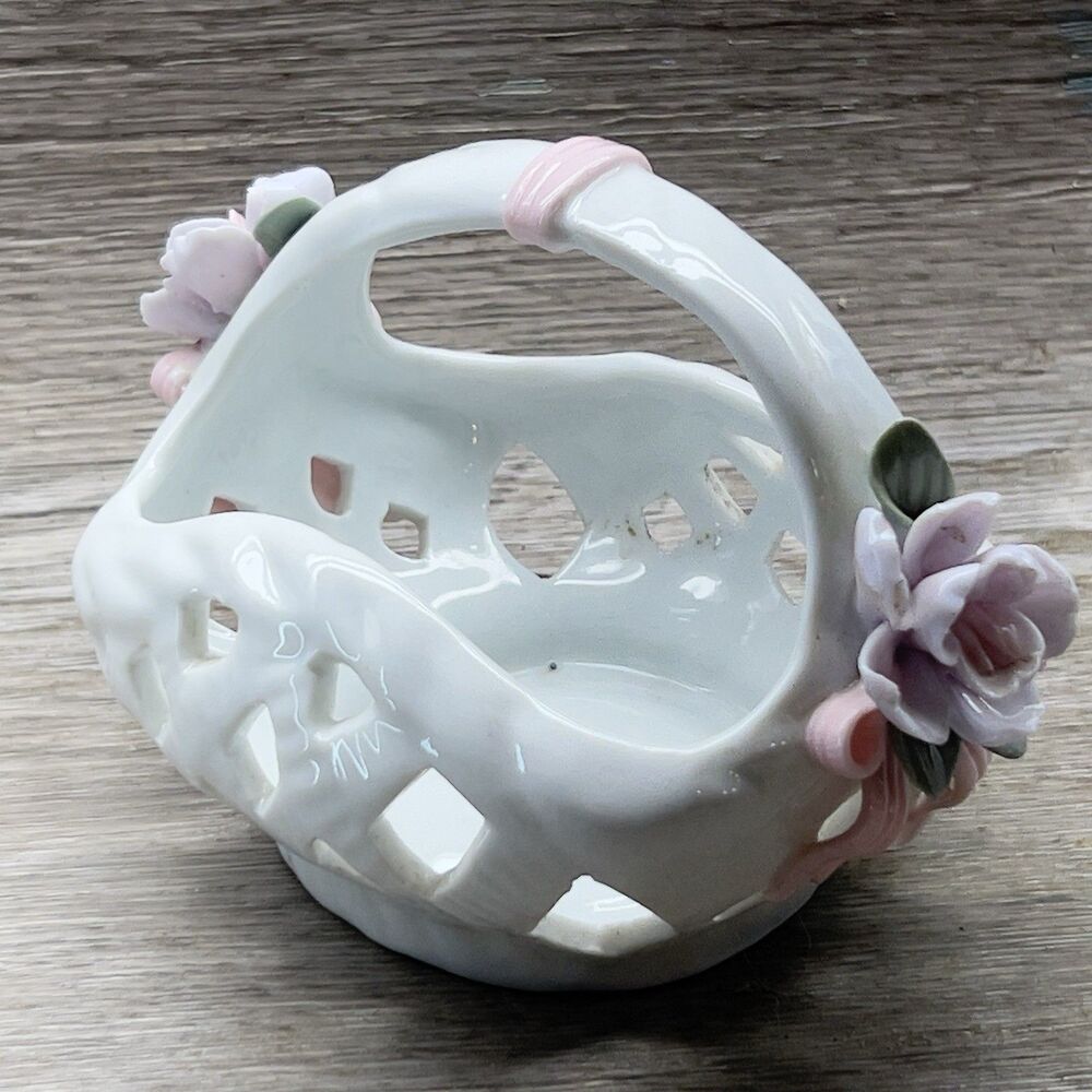 Vintage Lattice Basket w/ Purple Flowers/Pink Bow- Easter -White Glazed Ceramic